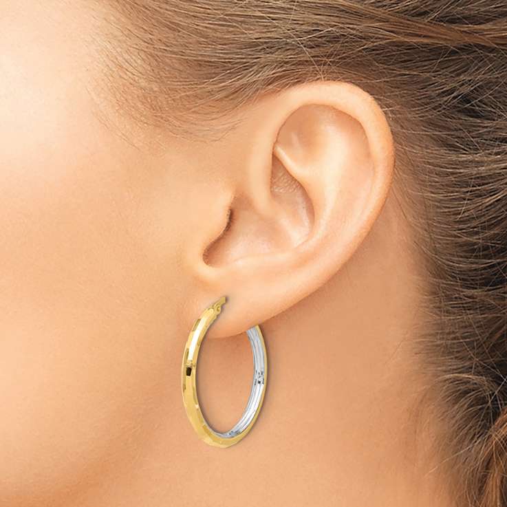 14k Two-tone 1 5/16" Polished and Diamond-Cut Hoop Earrings