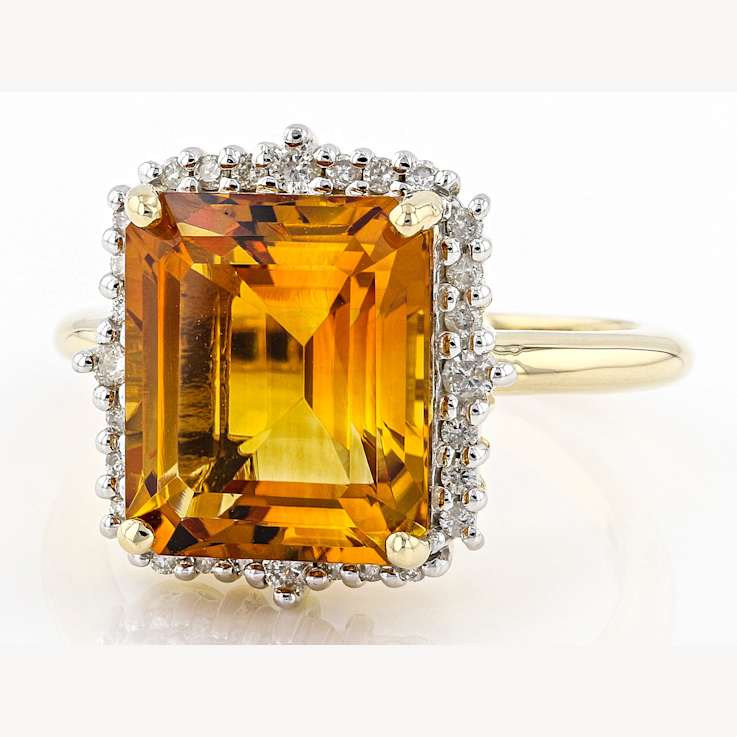 Citrine Rectangular Octagonal And White Diamond Ring In Solid 14K Yellow
Gold 5.53ctw