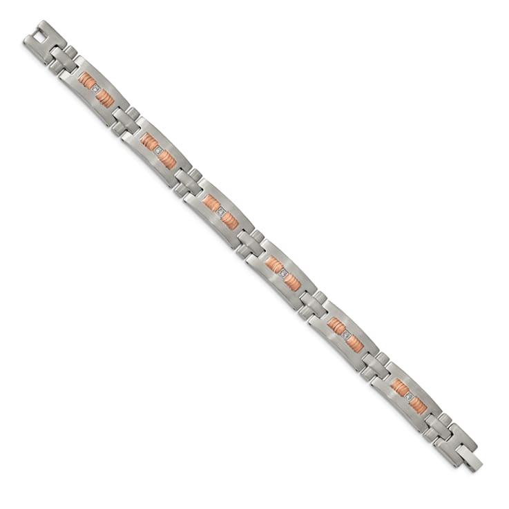 White Cubic Zirconia Stainless Steel Brushed Rose IP Plated Men's Bracelet