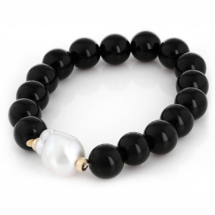 Cultured Freshwater Pearl And Black Agate Stretch Bracelet In Solid 14K
Yellow Gold 12mm