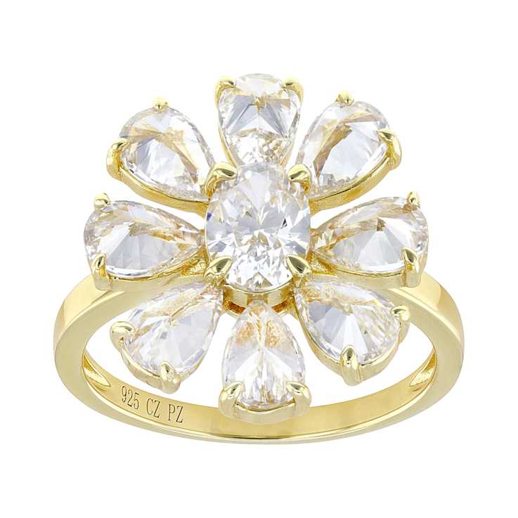 CZ Flower Ring In 18K Gold Over Sterling Silver 6.12ctw