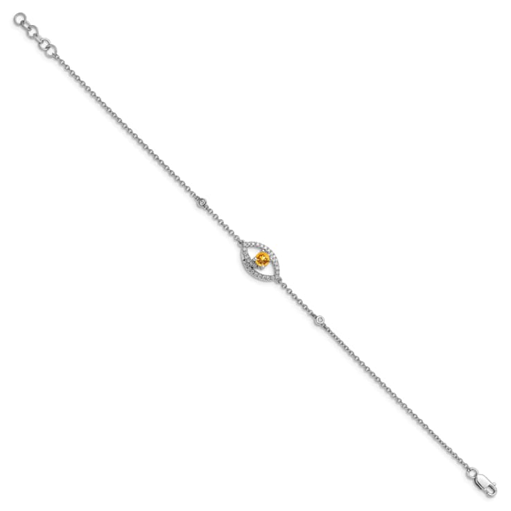 Rhodium Over 14k White Gold Polished Diamond and Citrine Bracelet