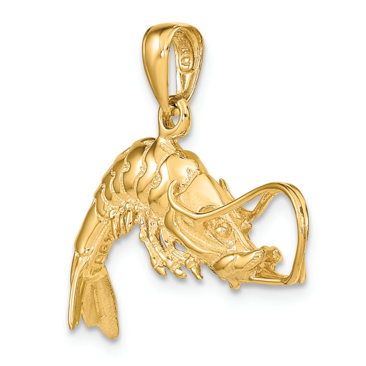 14k Yellow Gold 3D Polished and Textured Shrimp Pendant