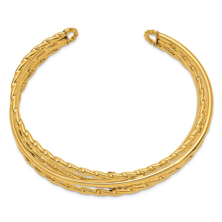 14k Yellow Gold Polished and Textured Multi Tube Cuff Bangle