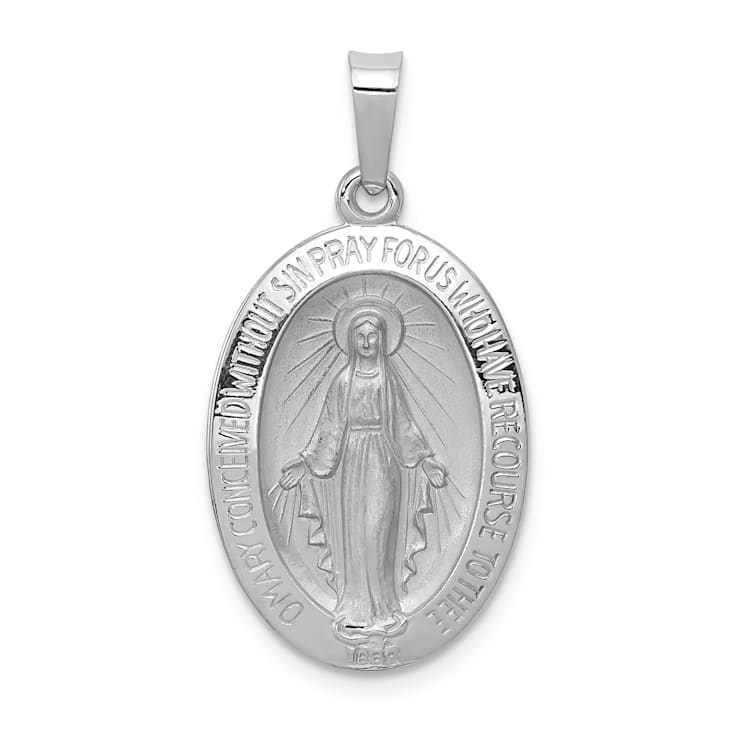 Rhodium Over 14k White Gold Satin Miraculous Oval Medal Pendant