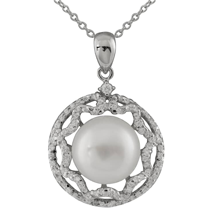 11-12mm Button White Cultured Freshwater Pearl and CZ Rhodium Over
Sterling Silver Pendant
