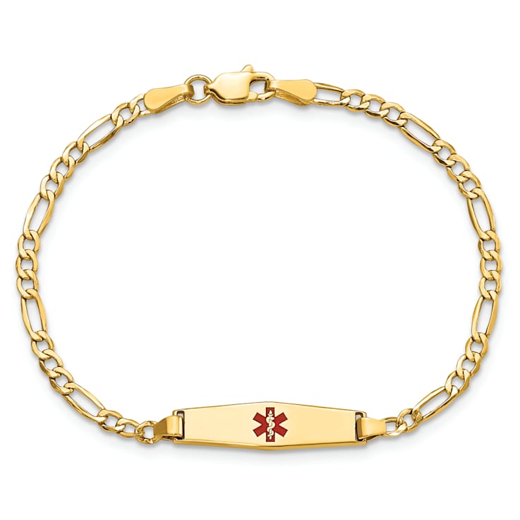 14k Yellow Gold Medical Soft Diamond Shape Red Enamel Figaro Link ID Bracelet