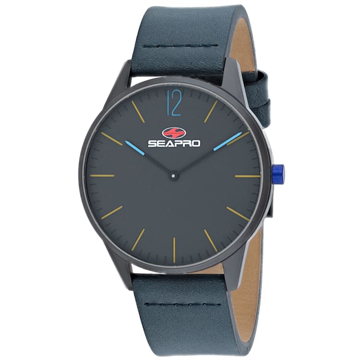 Seapro Men's Black hole Gunmetal Dial and Bezel, Blue Leather Strap Watch