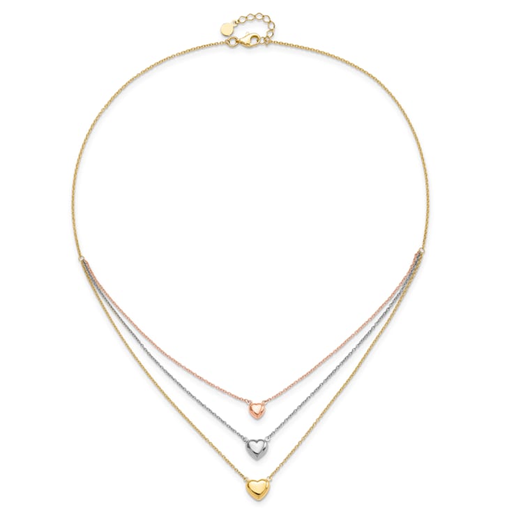 14K Tri-color Three Heart with 1-inch Extension Necklace