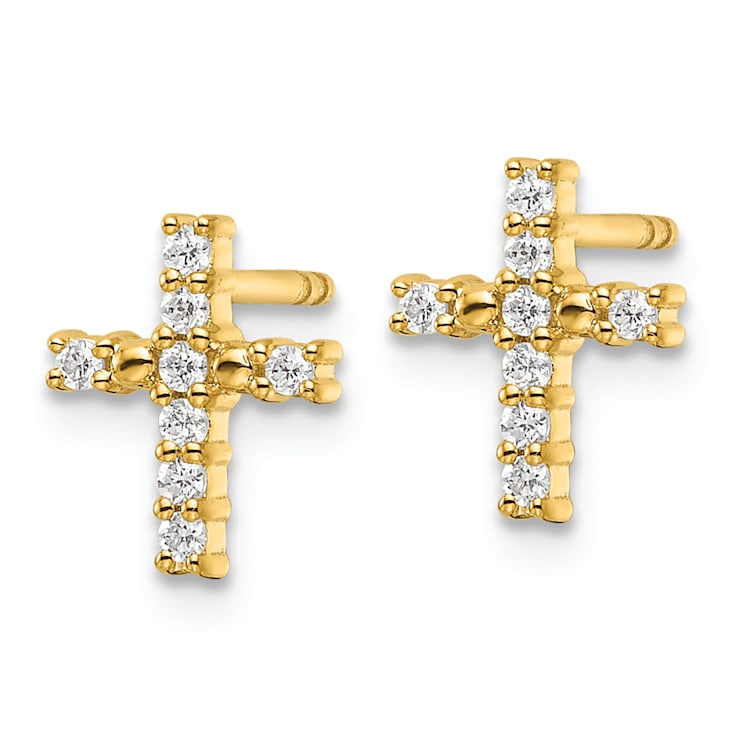 14k Yellow Gold Polished Diamond Cross Stud Earrings