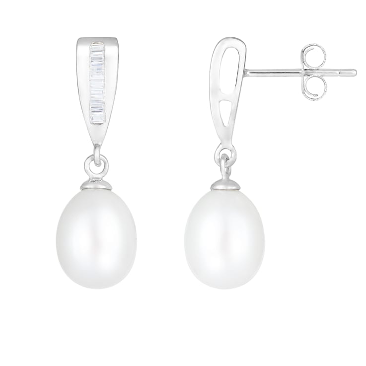 7-8mm White Cultured Freshwater Pearl and Cubic Zirconia Rhodium Over
Sterling Silver Earrings