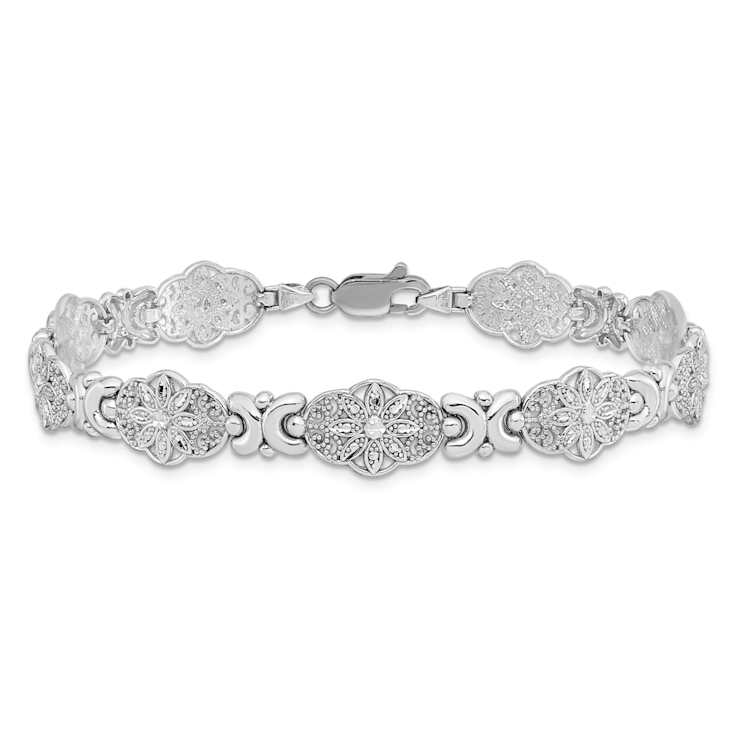 Rhodium Over 14k White Gold Textured Fancy Floral Link Bracelet
