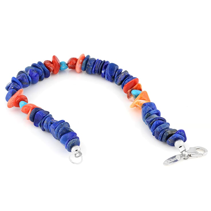 Lapis, Turquoise And Spiny Oyster Shell Silver Tone Nugget Chip Bracelet