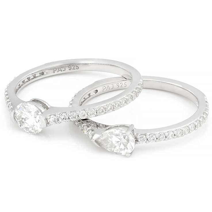 Moissanite Pear and Round Ring Set in Platinum Silver