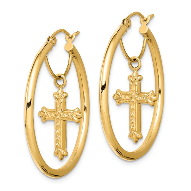 14k Yellow Gold 1 1/4" Diamond-Cut Cross Dangle Hoop Earrings