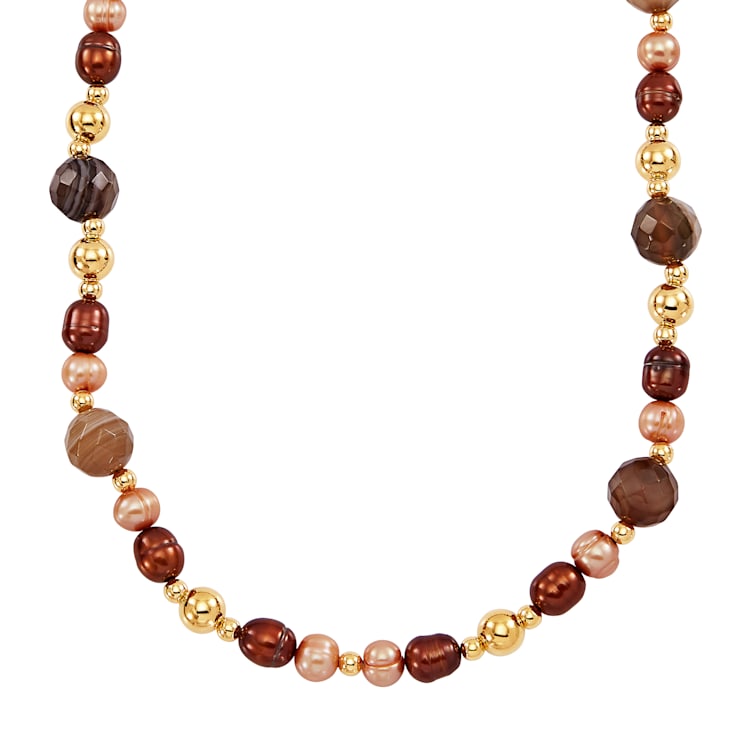 Champagne and Mocha Freshwater Pearl with Chalcedony 14K Yellow Gold
Over Sterling Silver Necklace