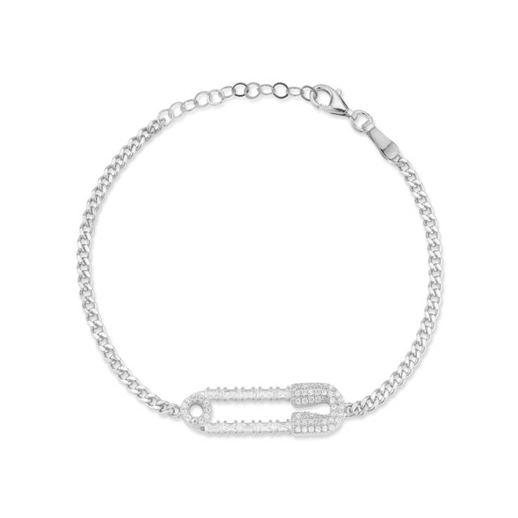 Sterling Statements Rhodium Over Sterling Silver Cubic Zirconia Safety
Pin Curb Chain Bracelet