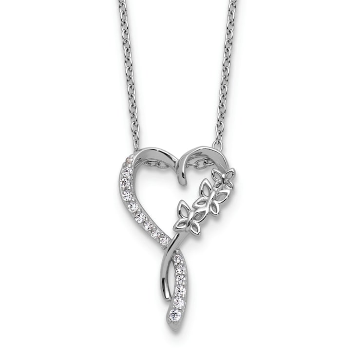 Rhodium Over Sterling Silver Cubic Zirconia Butterflies Heart with
2-inch Extension Necklace