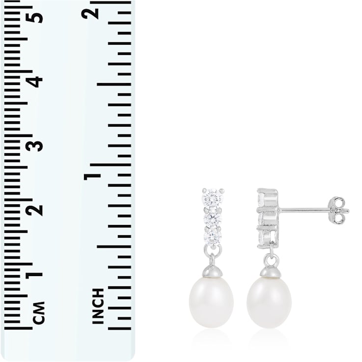 7-8mm White Cultured Freshwater Pearl and Cubic Zirconia Rhodium Over
Sterling Silver Earrings