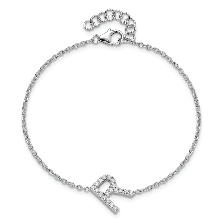 Rhodium Over 14k White Gold Diamond Sideways Letter R Bracelet