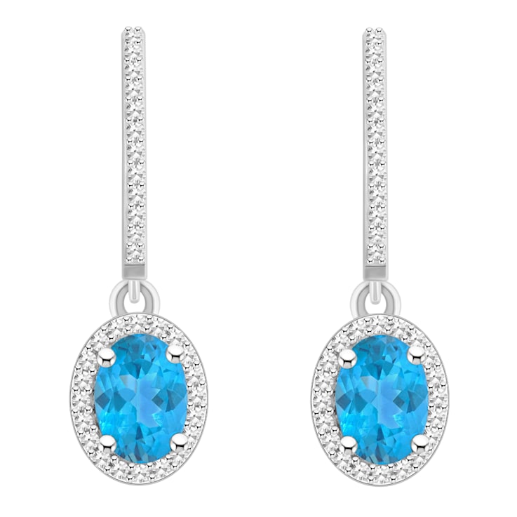 7x5mm Oval Blue Topaz 1/3 ctw Diamond Rhodium Over Sterling Silver Halo
Dangle Earrings