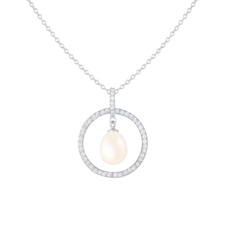 8-9mm Drop White Cultured Freshwater Pearl and CZ Rhodium Over Sterling
Silver Pendant