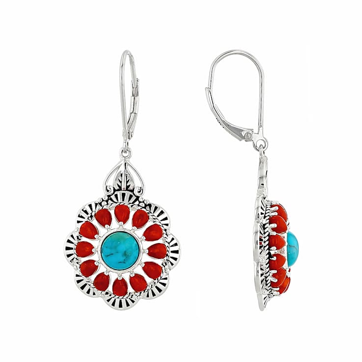 Turquoise And Coral Dangle Sterling Silver Earrings 7mm
