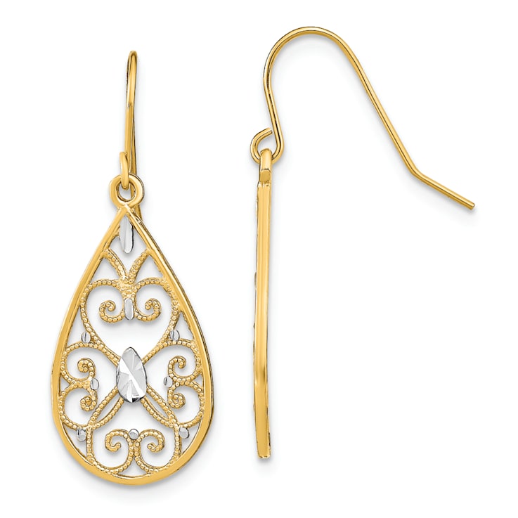 14K Two-tone Gold Diamond-Cut Filigree Fancy Dangle Earrings