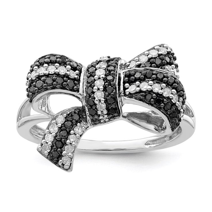 Rhodium Over Sterling Silver Black and White Diamond Bow Ring