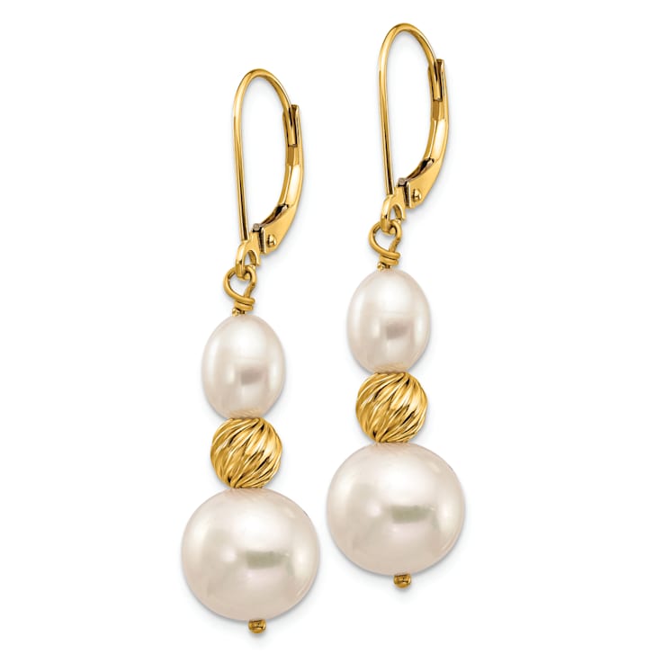 14K Yellow Gold 6-10mm White Freshwater Cultured Pearl and Diamond-cut
Bead Leverback Earrings