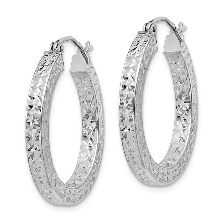 Rhodium Over Sterling Silver Diamond-cut 3x25mm Square Tube Hoop Earrings