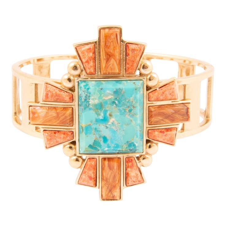 Barse Jewelry Composite Turquoise With Opal & Coral Gold Tone Santa
Fe Cross Cuff Bracelet