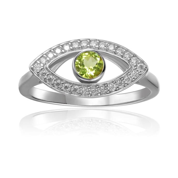 Peridot with Moissanite Accents Rhodium Over Sterling Silver Evil Eye
Halo Ring