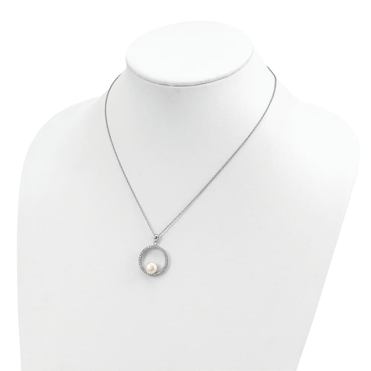 Rhodium Over Sterling Silver 8-9mm White Freshwater Cultured Pearl and
Cubic Zirconia Necklace