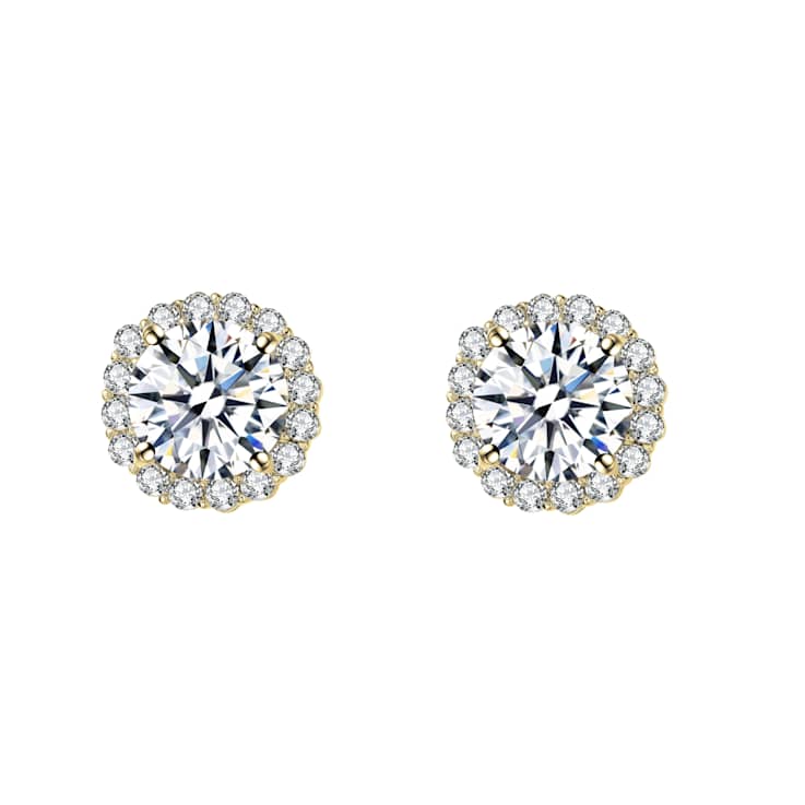 CZ Halo Stud Earrings In 14K Gold Over Brass