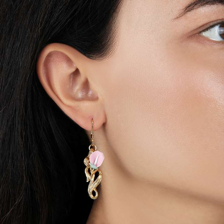 Gold Tone Pink Flower Drop Earrings