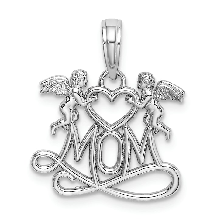 Rhodium Over 14k White Gold Mom with 2 Angels Holding Heart Charm