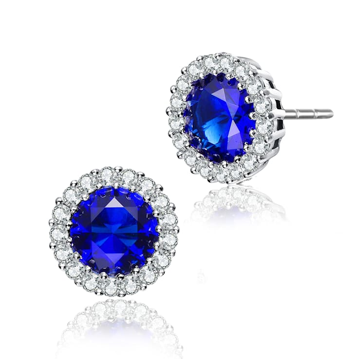 Sapphire Color CZ Halo Stud Earrings In Sterling Silver
