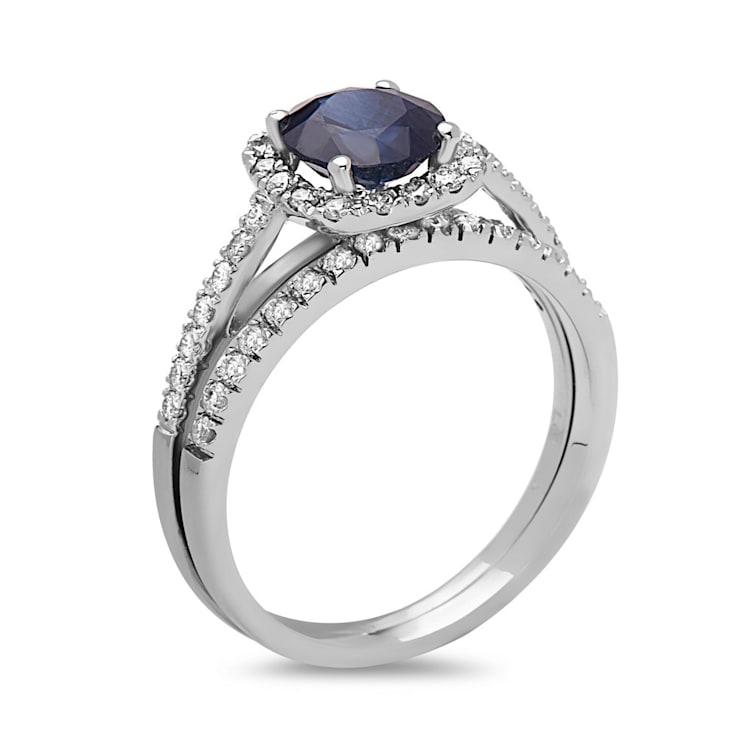 1.50ctw Sapphire and Diamond Engagement Ring with Band Ring in 14k White Gold