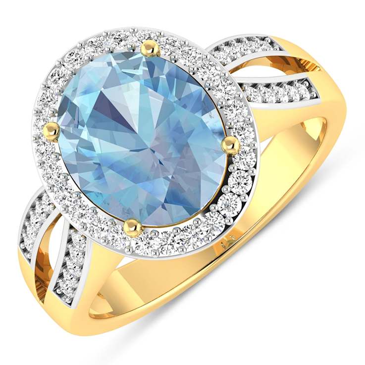 3.29 ctw Oval Blue Aquamarine and Diamond 14K Yellow Gold Split Shank
Halo Ring
