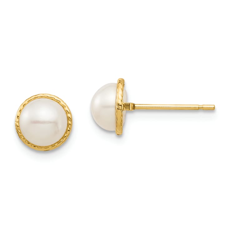14k Yellow Gold 5-6mm White Button Freshwater Cultured Pearl Stud Earrings