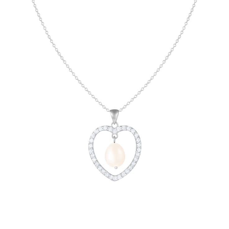 8-8.5mm White Cultured Freshwater Pearl Sterling Silver Pendant W/Chain