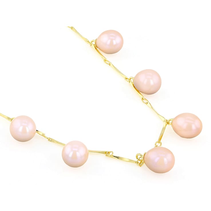 Peach Freshwater Pearl Drop Necklace In 18K Gold Over Sterling Silver