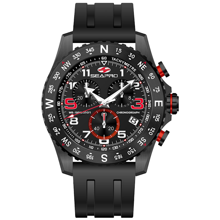 Seapro Men's Gallantry Black Dial, Black Rubber Strap Watch