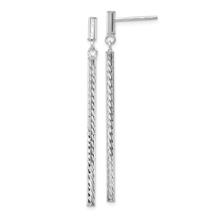 Rhodium Over 14k White Gold Polished and Diamond-Cut Bar Dangle Earrings