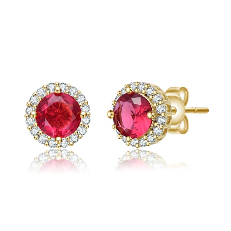 Ruby Color CZ Halo Stud Earrings In 14K Gold Over Brass