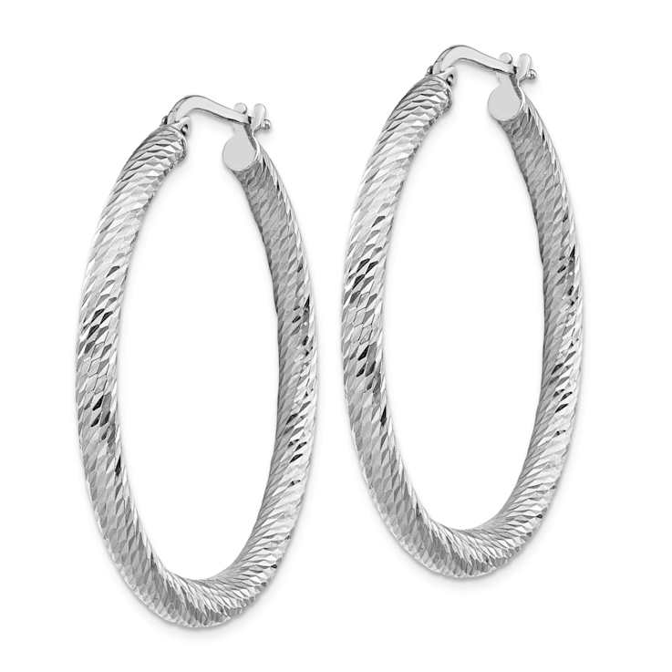 Rhodium Over 14k White Gold 1 9/16" Polished Diamond-Cut Round Hoop Earrings