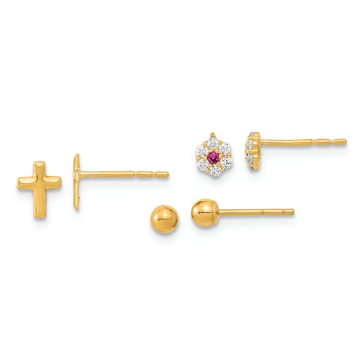 14k Yellow Gold Polished Set of 3mm Ball stud, CZ Flowers and Cross 3
Pair Earrings Set