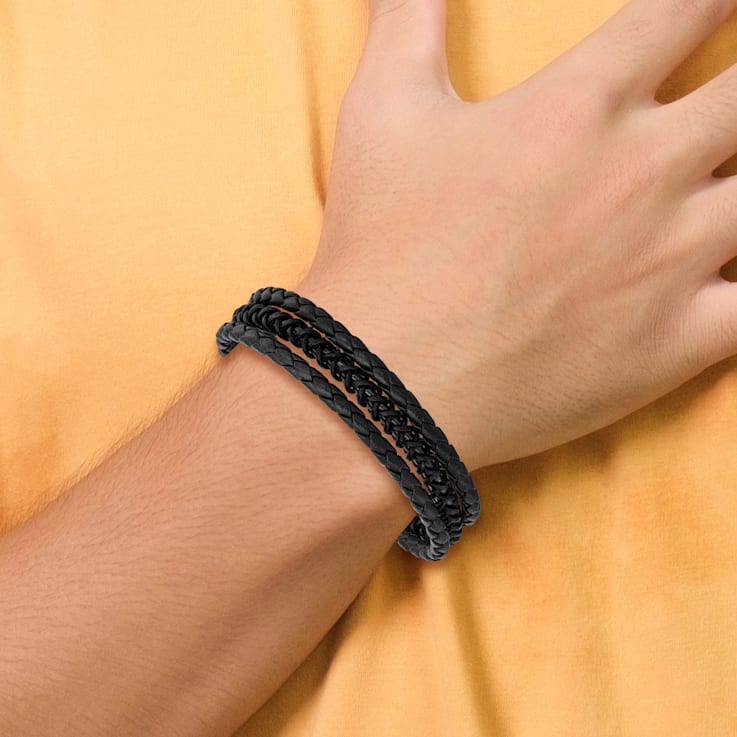Black Leather and Stainless Steel Brushed and Polished IP Plated with
0.5-inch Extension Bracelet