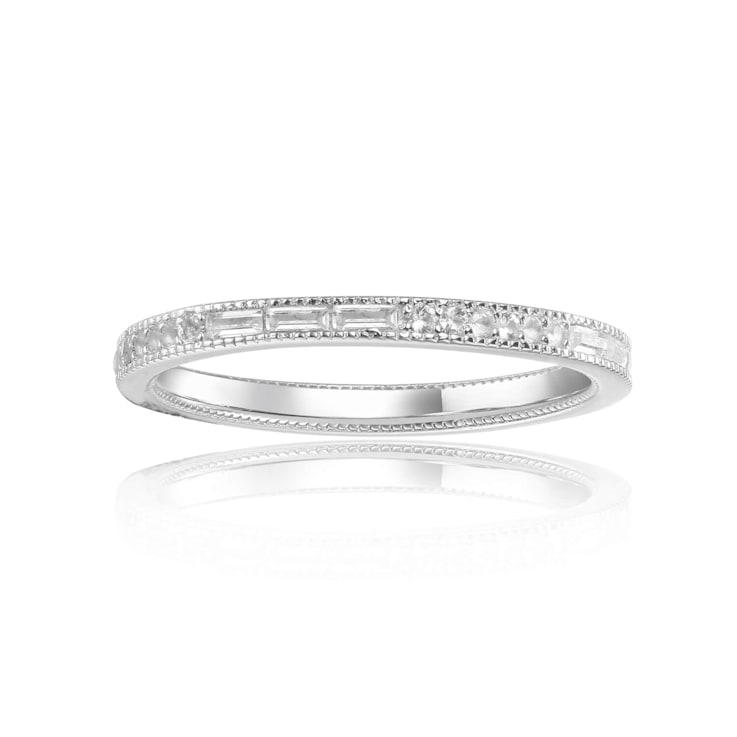 Baguette and Round White Topaz Sterling Silver Milgrain Detail Eternity
Band Ring, 0.84ctw